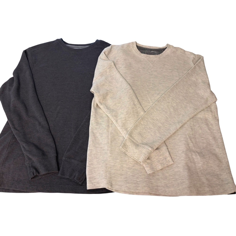 Eddie Bauer Henley Thermal Shirt XL Lot of 2 Gray Cream, Waffle Knit Winter